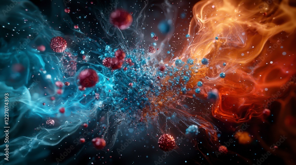 Poster Explosive interaction of particles symbolizing social justice abstract space digital art cosmic environment dynamic view