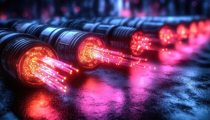 5G Fiber Optic Cables Transmitting Data on Reflective Surface