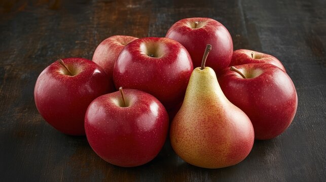 Red apples and pear on dark wood table. Food photography for website or cookbook