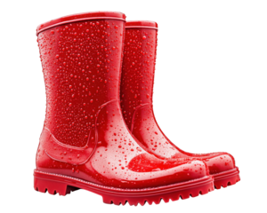 Bright red rain boots with water droplets, perfect for wet weather. These durable, waterproof boots are ideal for outdoor activities and keep feet dry and comfortable