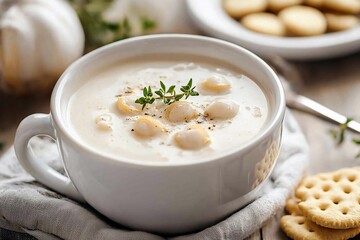 Creamy seafood chowder served in a white bowl with crackers on a rustic wooden table