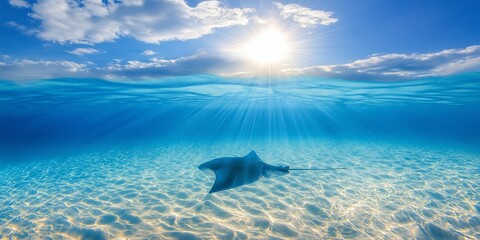 Fototapeta premium Manta Ray Gliding Over Sunlit Ocean Floor. Crystal Clear Water Reflects Light, Creating a Majestic and Peaceful Underwater Scene. Perfect for Marine Life, Nature, and Travel Themes. AI generated
