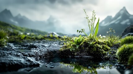 Obraz premium Close-up of an ethereal mountain landscape humanity's survival in nature's resilient embrace