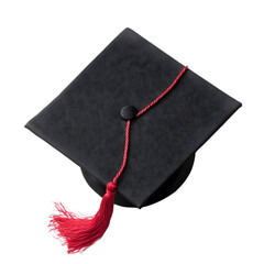 Graduation cap with red tassel representing academic achievement placed on transparent background for design