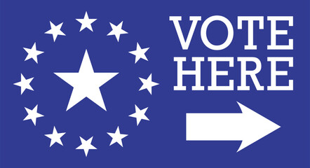 Vote here direction sign with arrow. American elections. Flat vector illustration isolated on blue background.