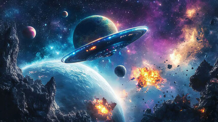 Space landing page. Cartoon alien UFO spaceship in galaxy with fantasy planets, fire asteroids, stars and comets. Space research landing page vector template for business company website, astronomy