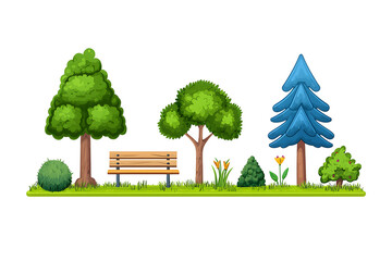 Hand drawn trees and bushes collection for game assets, isolated on white background
