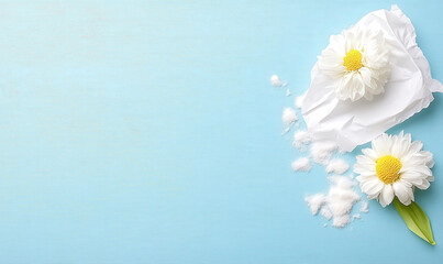 Obraz premium Beautiful white daisies on a light blue background with soft cotton wool creating a serene and fresh nature-inspired composition for relaxation and calmness