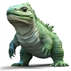 Fototapeta premium Green, reptilian creature, stout body, clawed feet, standing.