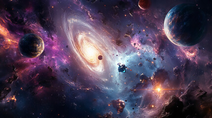 Space landing page. Cartoon alien UFO spaceship in galaxy with fantasy planets, fire asteroids, stars and comets. Space research landing page vector template for business company website, astronomy