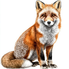 Red fox sitting, detailed pencil drawing, vibrant fur.