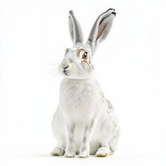 Obraz premium White hare sitting, alert expression, isolated on white.