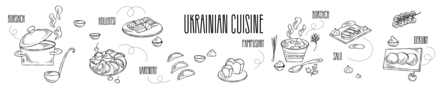 Set of Ukrainian cuisine dishes. Good for cookbook, menu, packaging, stickers, advertising.