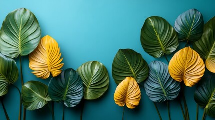 Vibrant Green And Yellow Tropical Leaves On Turquoise Background, Minimalist Botanical Design