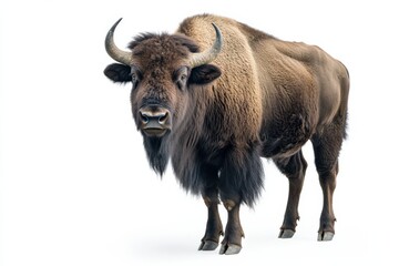 Majestic European bison standing against a white background.