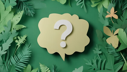 Paper speech bubble with question mark on green background, above view