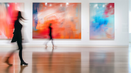 Persona caminando en galería de arte con pinturas en movimiento y desenfoque artístico.