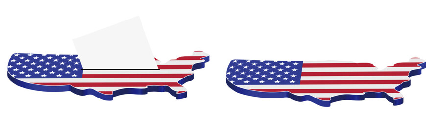 A map of the United States with a ballot stuck into it. American elections. 3D vector illustration isolated on white background.