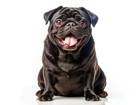 Adorable black pug puppy sits, panting sweetly against a pristine white backdrop.