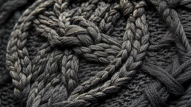 Intricate close-up of a textured black knitted design featuring braided patterns and woven details