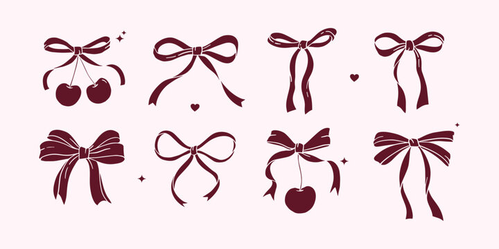 Coquette bows drawing. Red vintage ribbon clipart. Vector hand-drawn bow with Cherry silhouette. Rococo trendy isolated elements
