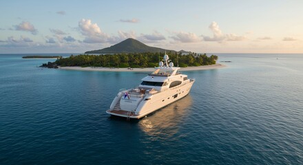 Luxury Yacht in Tropical Paradise Sunset Aerial View