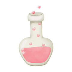 Glass bottle with pink water and heart bubble watercolor