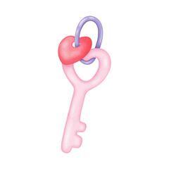 Pink key and heart keychain watercolor