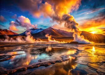 Fototapeta premium Andean sunrise paints El Tatio's geothermal geysers in vintage hues, a Chilean landscape masterpiece.