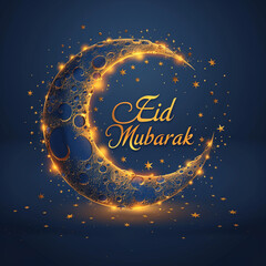 Fototapeta premium Golden Crescent Moon and Stars Greeting for Eid Mubarak
