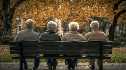 Seniors sitting on a park bench, watching the world go by and smiling