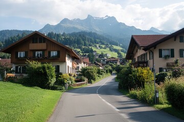 Naklejka premium Scenic mountain village road with traditional houses and lush greenery under a clear sky