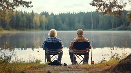 Mature sweethearts enjoying a peaceful fishing trip by a lake