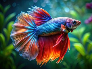 Fototapeta premium A vibrant betta, elegantly posed, showcases its vivid colors in a stunning close-up.