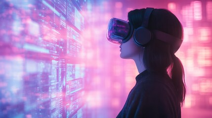 Side view of a VR user multitasking on layered holographic projects, dynamic visuals and glowing icon