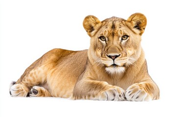 Obraz premium Majestic lioness rests on white background.