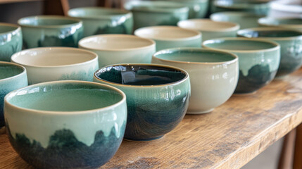Bowls with a gradient design transitioning from deep emerald green at the base to pale mint at the rim. 