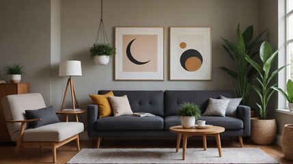Fototapeta premium A modern stylish living room with a designer sofa set and photo frames displayed on the wall 3d illustration