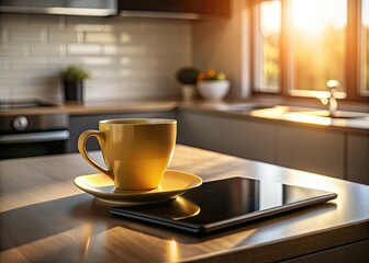 Obraz premium A warm yellow mug cozies up on a sleek black tablet, a modern kitchen scene.