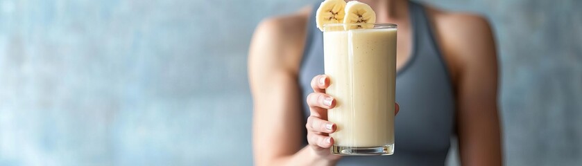 Person holding a glass of banana shake, fitness concept, bright and energizing look