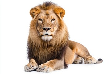 Fototapeta premium Majestic male lion resting, powerful gaze.