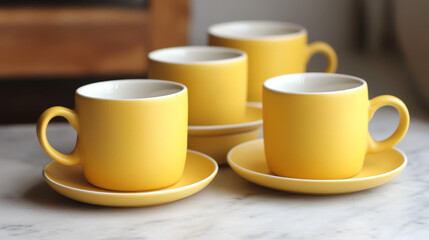 Fototapeta premium Bright yellow mugs with a matte finish and white interiors, paired with matching saucers for a cheerful breakfast set.