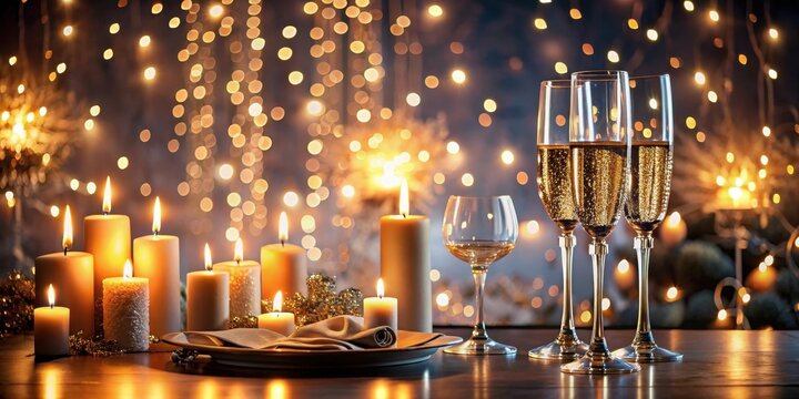 Elegant dinner setup with sparkling candle and champagne on a luxurious background, perfect for upscale events or special occasions , champagne, elegant