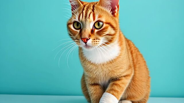 A cat with a bandaged paw sits on a table. The cat's paw is wrapped in a bandage, and it is in pain. Concept of vulnerability and discomfort