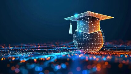 Digital graduation cap glowing against a vibrant abstract background with lights and patterns - Powered by Adobe