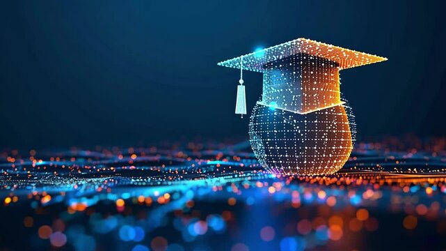 Digital graduation cap glowing against a vibrant abstract background with lights and patterns