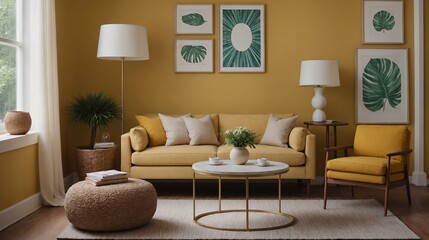 A modern stylish living room with a designer sofa set and photo frames displayed on the wall 3d illustration
