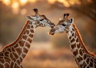 Obraz premium Two adorable giraffes stand close together, showcasing their unique patterns and gentle demeanor against a warm, blurred background, capturing a moment of connection in the wild