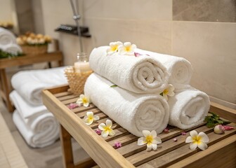 A serene spa setting featuring neatly rolled white towels adorned with a delicate flower