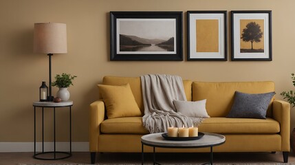 A modern stylish living room with a designer sofa set and photo frames displayed on the wall 3d illustration